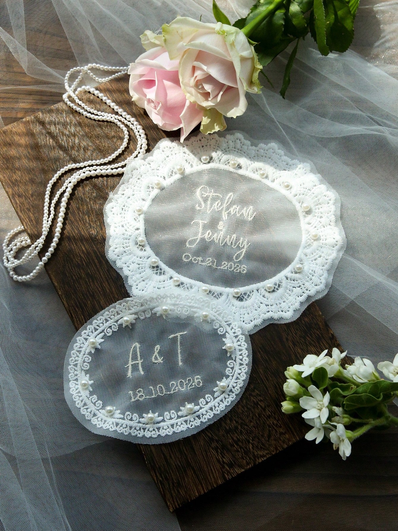 Customized Embroidered Wedding Dress Applique, Personalized Bride's Name And Date Patch, Sewn Name And Date Bride Dress Label, Elegant And Pearl Wedding Dress Accessories, Unique Bride Gift, Perfect B