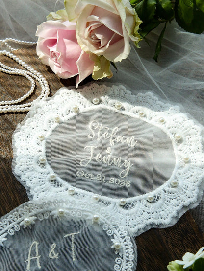 Customized Embroidered Wedding Dress Applique, Personalized Bride's Name And Date Patch, Sewn Name And Date Bride Dress Label, Elegant And Pearl Wedding Dress Accessories, Unique Bride Gift, Perfect B
