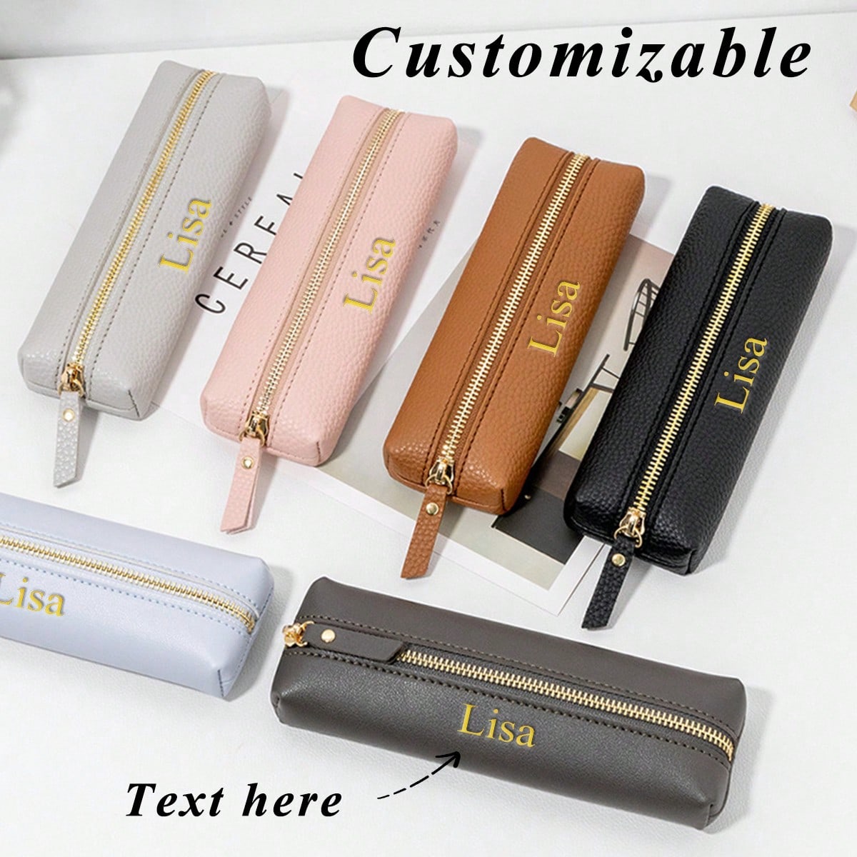 Customized Letter PU Pebble Grain Leather Zipper Pencil Case, Personalized Student Stationery Pouch, Large Capacity Handmade Creative School Supplies Storage Pen Bag, PU Leather Stationery Pouch