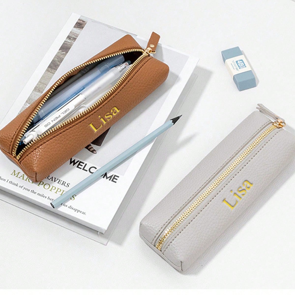 Customized Letter PU Pebble Grain Leather Zipper Pencil Case, Personalized Student Stationery Pouch, Large Capacity Handmade Creative School Supplies Storage Pen Bag, PU Leather Stationery Pouch