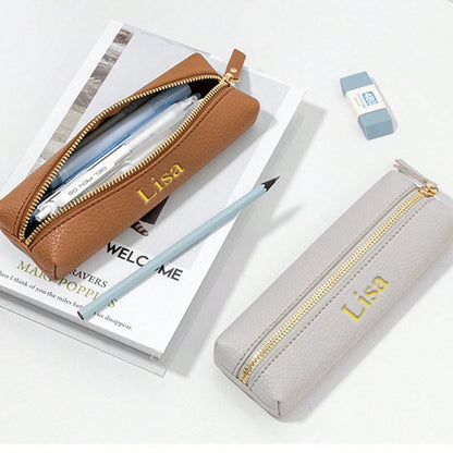 Customized Letter PU Pebble Grain Leather Zipper Pencil Case, Personalized Student Stationery Pouch, Large Capacity Handmade Creative School Supplies Storage Pen Bag, PU Leather Stationery Pouch