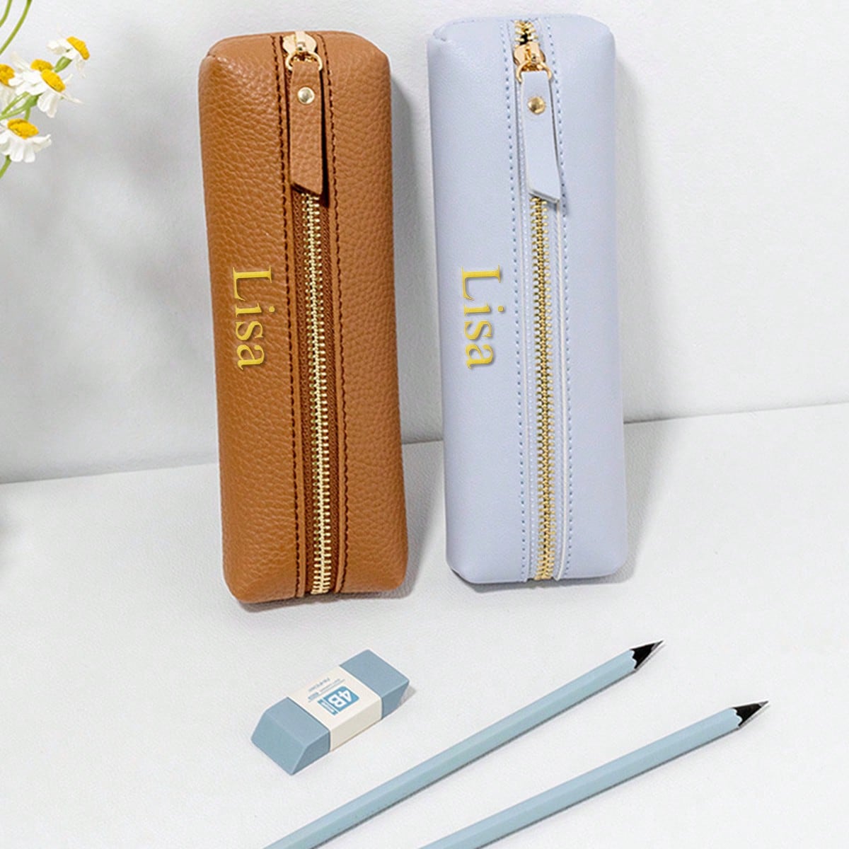 Customized Letter PU Pebble Grain Leather Zipper Pencil Case, Personalized Student Stationery Pouch, Large Capacity Handmade Creative School Supplies Storage Pen Bag, PU Leather Stationery Pouch