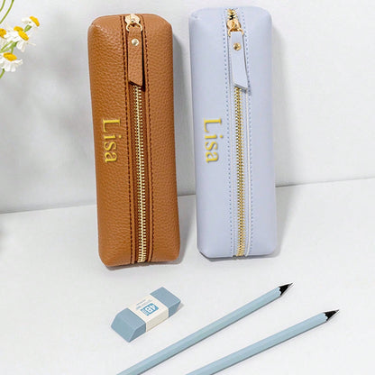 Customized Letter PU Pebble Grain Leather Zipper Pencil Case, Personalized Student Stationery Pouch, Large Capacity Handmade Creative School Supplies Storage Pen Bag, PU Leather Stationery Pouch
