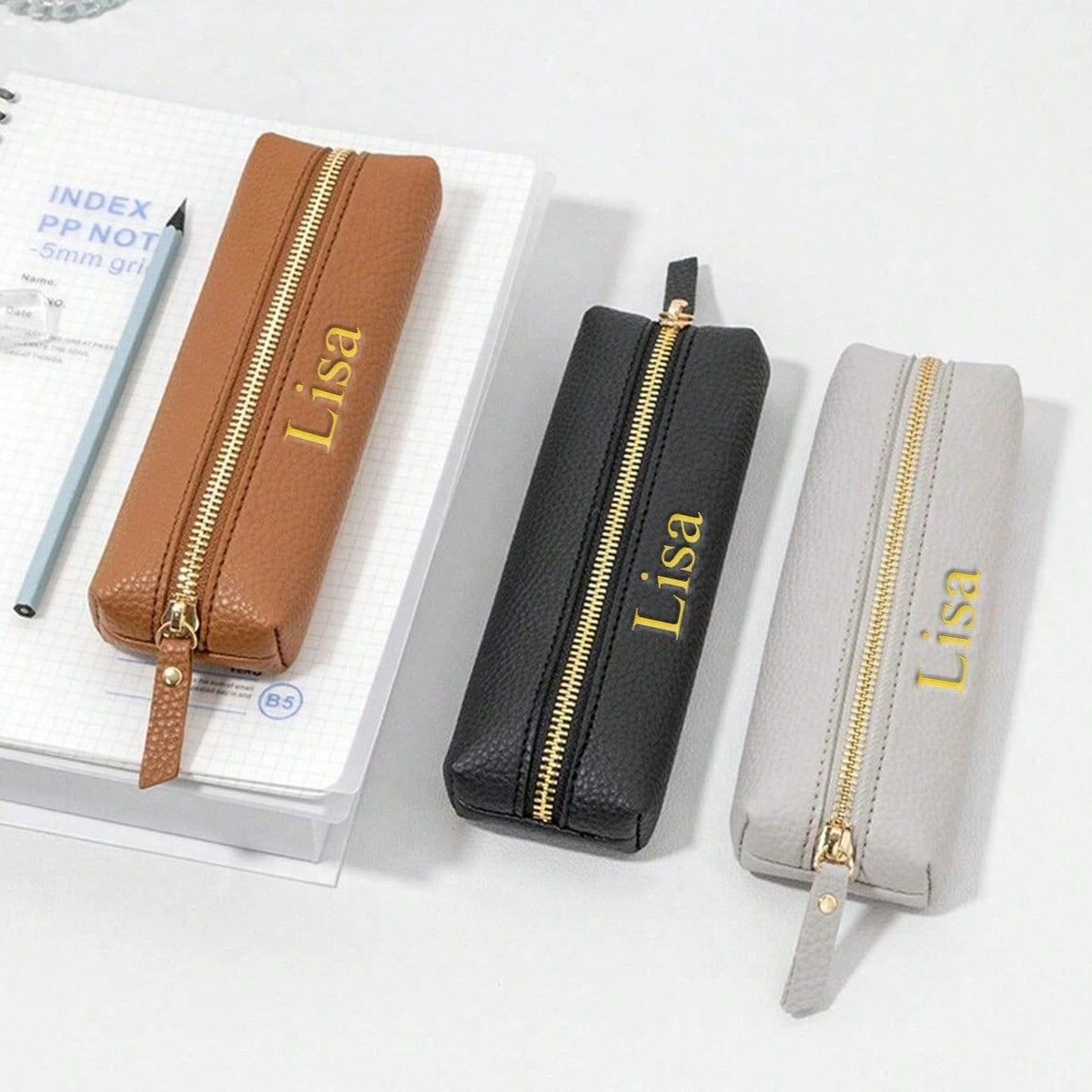 Customized Letter PU Pebble Grain Leather Zipper Pencil Case, Personalized Student Stationery Pouch, Large Capacity Handmade Creative School Supplies Storage Pen Bag, PU Leather Stationery Pouch
