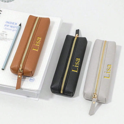 Customized Letter PU Pebble Grain Leather Zipper Pencil Case, Personalized Student Stationery Pouch, Large Capacity Handmade Creative School Supplies Storage Pen Bag, PU Leather Stationery Pouch