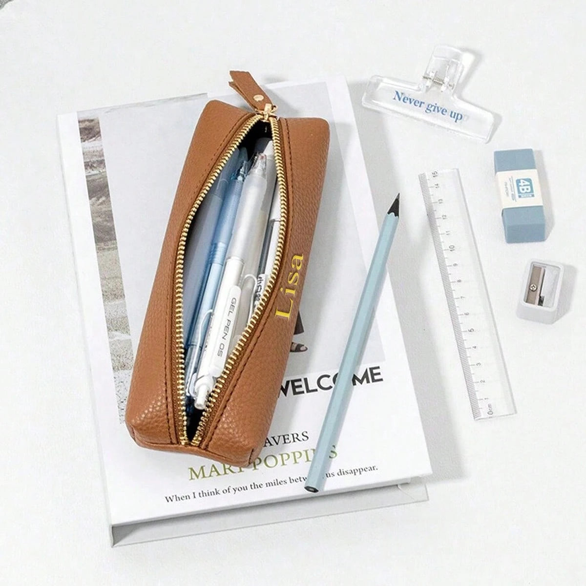 Customized Letter PU Pebble Grain Leather Zipper Pencil Case, Personalized Student Stationery Pouch, Large Capacity Handmade Creative School Supplies Storage Pen Bag, PU Leather Stationery Pouch