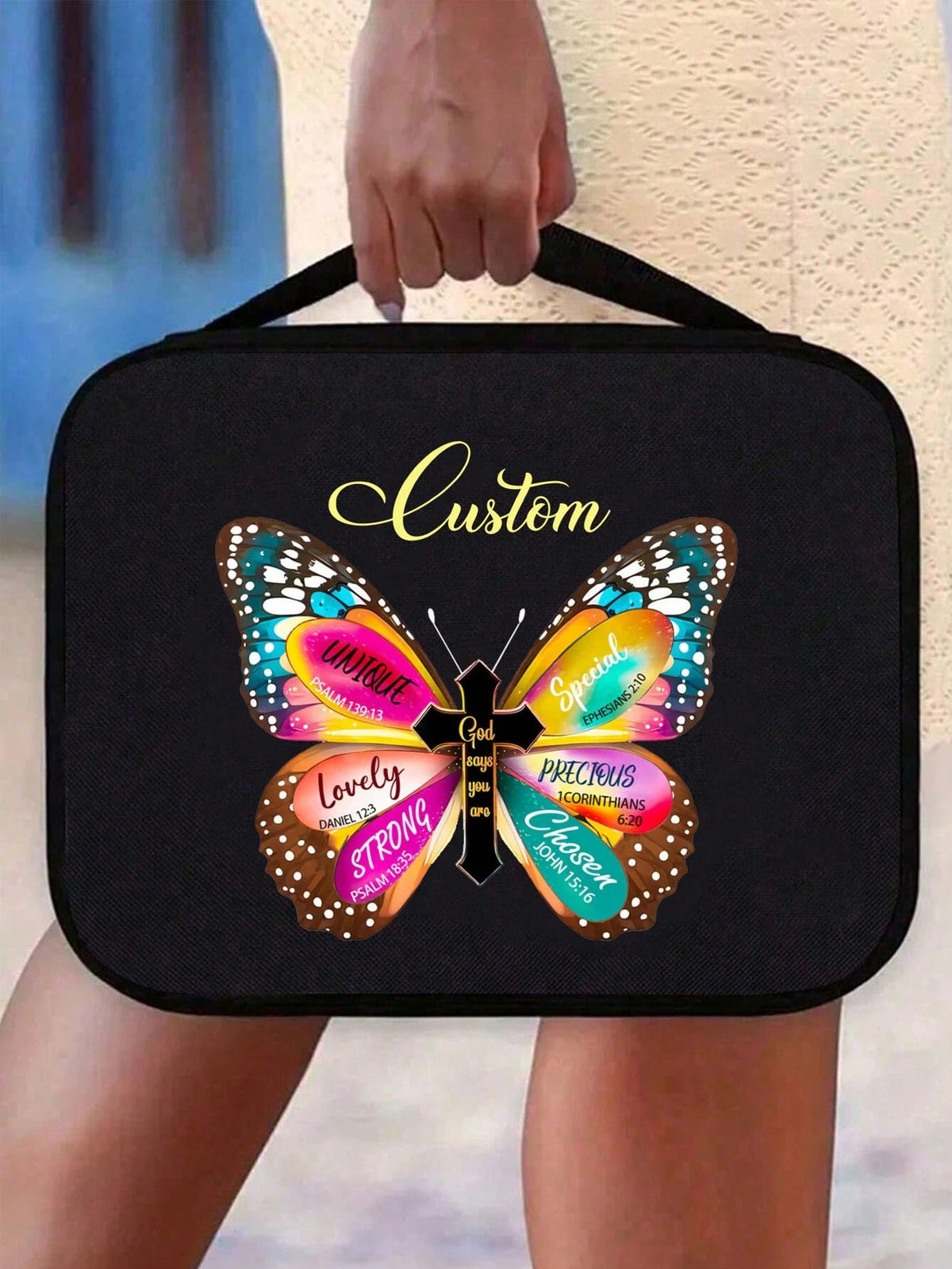 Customized Name Minimalist Letter Print Tote Bag, Multifunctional Bible Storage Bag, Suitable For Student Daily Use; Leopard Heart Cross Print Bible Storage Bag, Suitable For Student Daily Use; Handba