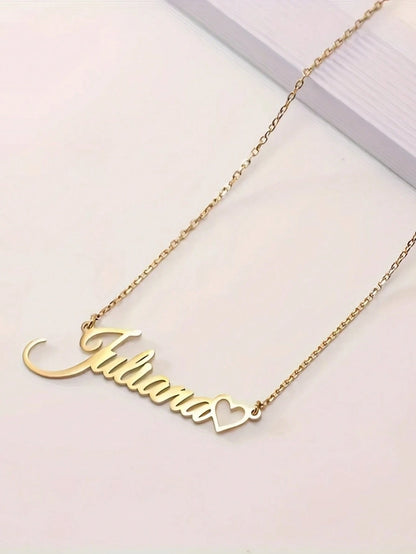 [Customized Necklace]Personalized Name Necklace- Stainless Steel Heart Pendant Gold Cursive Style, Gift For Her