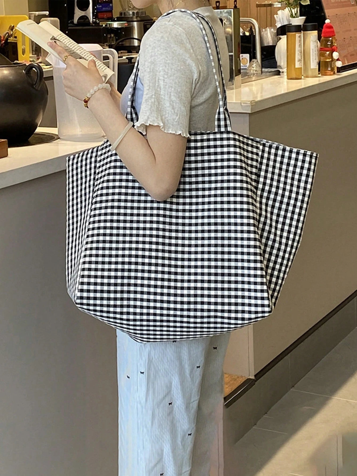 (Customized) Personalized Embroidered Minimalist Plaid Canvas, Original Niche Versatile Commuter Large Capacity Shoulder Bag For Students,Travel Organizer, Birthday Gift, For Her