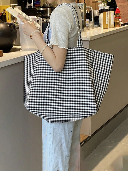 (Customized) Personalized Embroidered Minimalist Plaid Canvas, Original Niche Versatile Commuter Large Capacity Shoulder Bag For Students,Travel Organizer, Birthday Gift, For Her