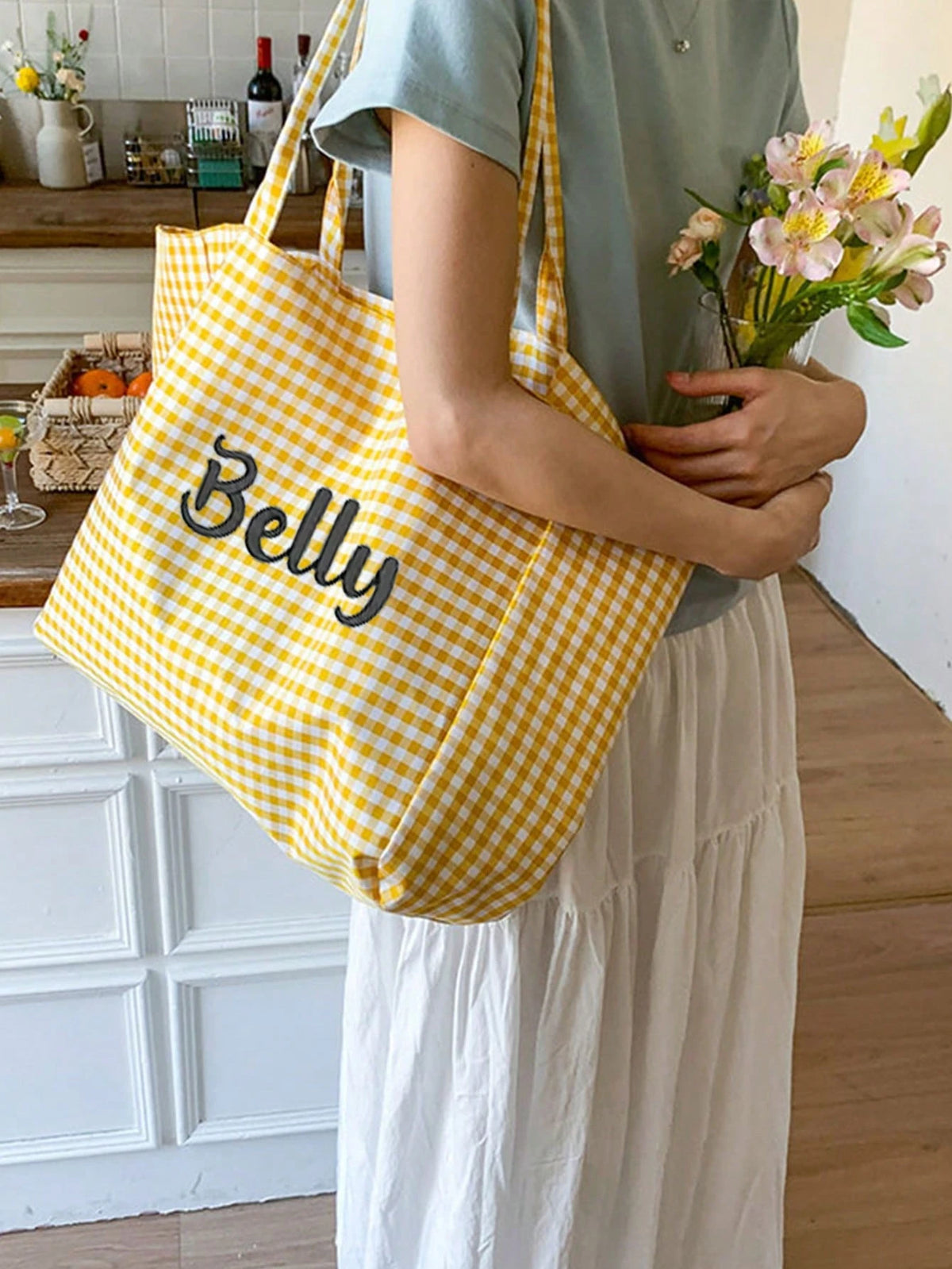 (Customized) Personalized Embroidered Minimalist Plaid Canvas, Original Niche Versatile Commuter Large Capacity Shoulder Bag For Students,Travel Organizer, Birthday Gift, For Her