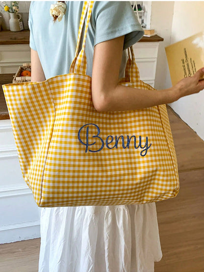 (Customized) Personalized Embroidered Minimalist Plaid Canvas, Original Niche Versatile Commuter Large Capacity Shoulder Bag For Students,Travel Organizer, Birthday Gift, For Her