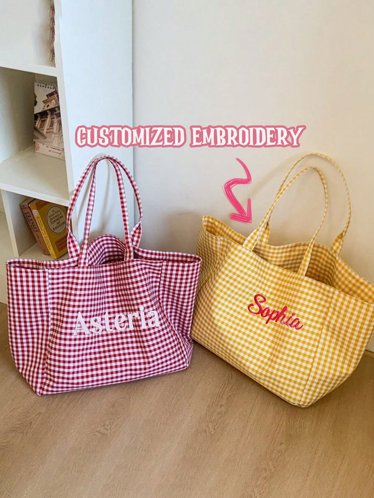 (Customized) Personalized Embroidered Minimalist Plaid Canvas, Original Niche Versatile Commuter Large Capacity Shoulder Bag For Students,Travel Organizer, Birthday Gift, For Her