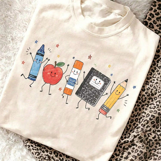 Cute Cartoon School Supplies Graphic Tee Preppy Teacher Student T-Shirt Kindergarten Back To School Top Smiling Apple Crayon Pencil Graphic Clothes