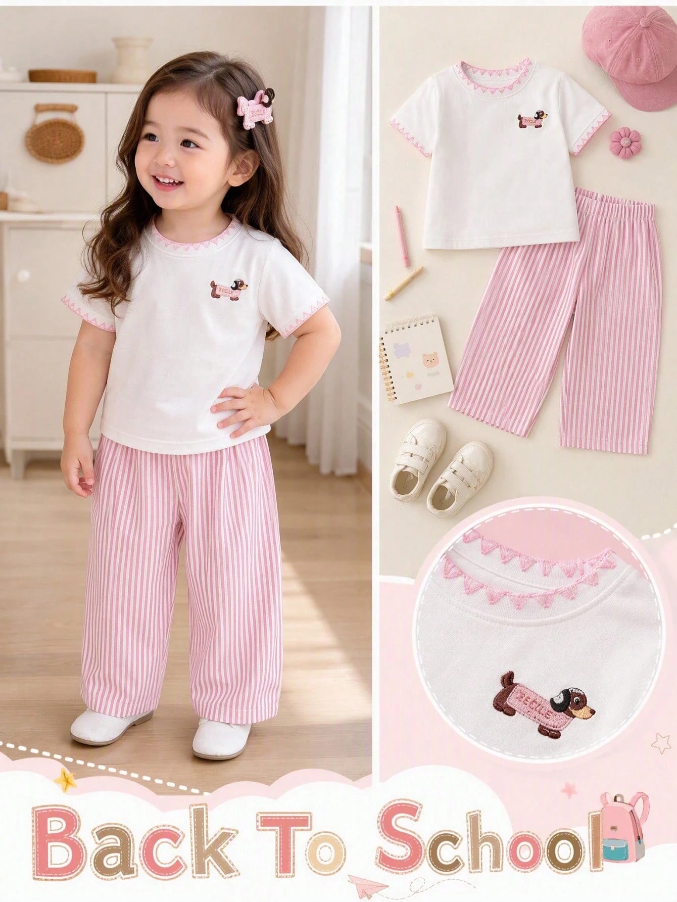 Cute Casual 2-Piece Set Baby Girl T-Shirt Outfit, Soft Skin-Friendly White Round Neck Short Sleeve T-Shirt With Pink Collar And Cuff Design, Exquisite Cute Small Dachshund Print, Paired With Pin