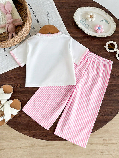 Cute Casual 2-Piece Set Baby Girl T-Shirt Outfit, Soft Skin-Friendly White Round Neck Short Sleeve T-Shirt With Pink Collar And Cuff Design, Exquisite Cute Small Dachshund Print, Paired With Pin