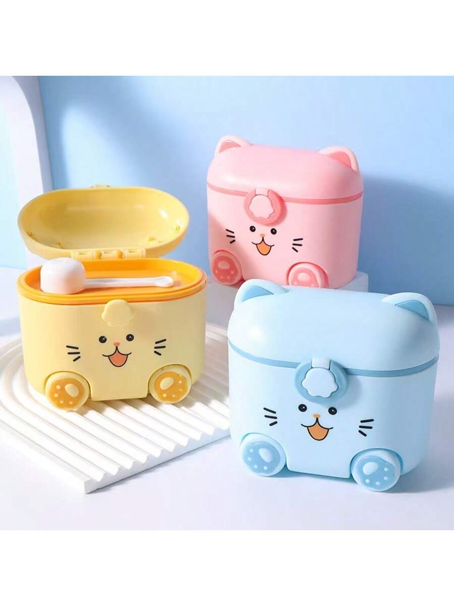 Cute Cat Milk Powder Container With Spoon And Lock, Portable Outdoor Food Storage Box