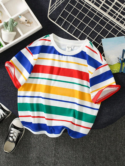 Cute Colorful Striped Knit T-Shirt Top, Versatile For Baby Boys & Girls, Summer