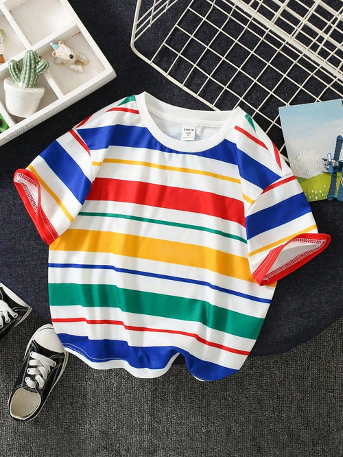 Cute Colorful Striped Knit T-Shirt Top, Versatile For Baby Boys & Girls, Summer