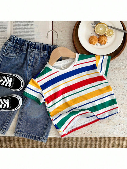 Cute Colorful Striped Knit T-Shirt Top, Versatile For Baby Boys & Girls, Summer