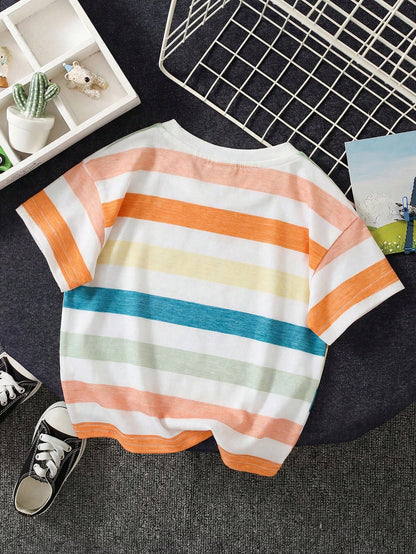 Cute Colorful Striped Knit T-Shirt Top, Versatile For Baby Boys & Girls, Summer