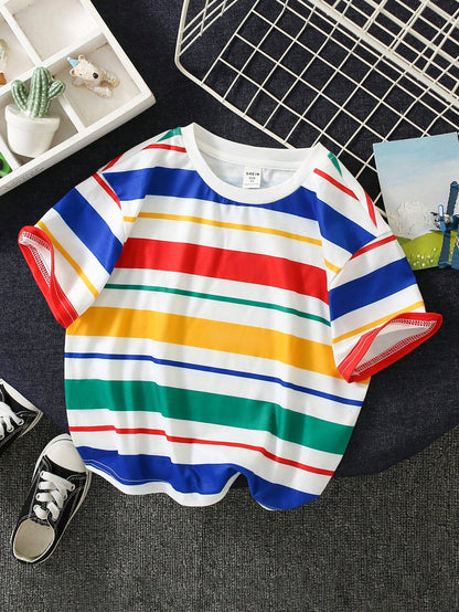 Cute Colorful Striped Knit T-Shirt Top, Versatile For Baby Boys & Girls, Summer