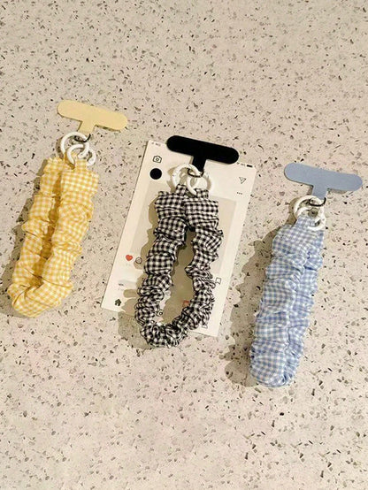 Cute Gingham Checkered Elastic Scrunchie Style Phone Wrist Lanyard, INS Style Phone Lanyard, Elastic Strap, Cute Girl Wrist Strap, Anti-Lost Key Chain Pendant, Compatible With Most Apple And Android S