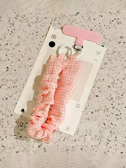 Cute Gingham Checkered Elastic Scrunchie Style Phone Wrist Lanyard, INS Style Phone Lanyard, Elastic Strap, Cute Girl Wrist Strap, Anti-Lost Key Chain Pendant, Compatible With Most Apple And Android S