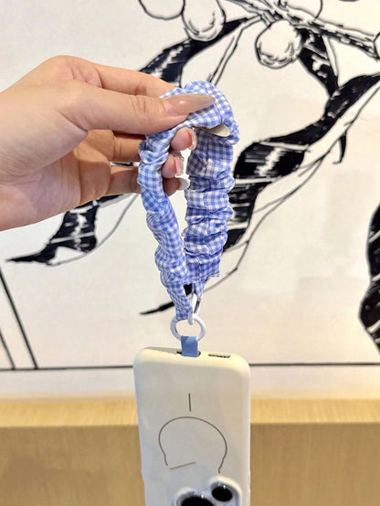 Cute Gingham Checkered Elastic Scrunchie Style Phone Wrist Lanyard, INS Style Phone Lanyard, Elastic Strap, Cute Girl Wrist Strap, Anti-Lost Key Chain Pendant, Compatible With Most Apple And Android S