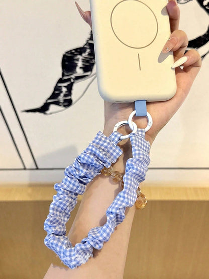 Cute Gingham Checkered Elastic Scrunchie Style Phone Wrist Lanyard, INS Style Phone Lanyard, Elastic Strap, Cute Girl Wrist Strap, Anti-Lost Key Chain Pendant, Compatible With Most Apple And Android S