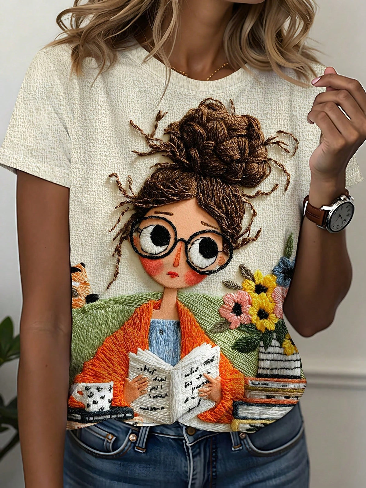 Cute Girl Reading Lover Graphic Tee, Women's Casual Round Neck Short Sleeve T-Shirt, Spring And Summer