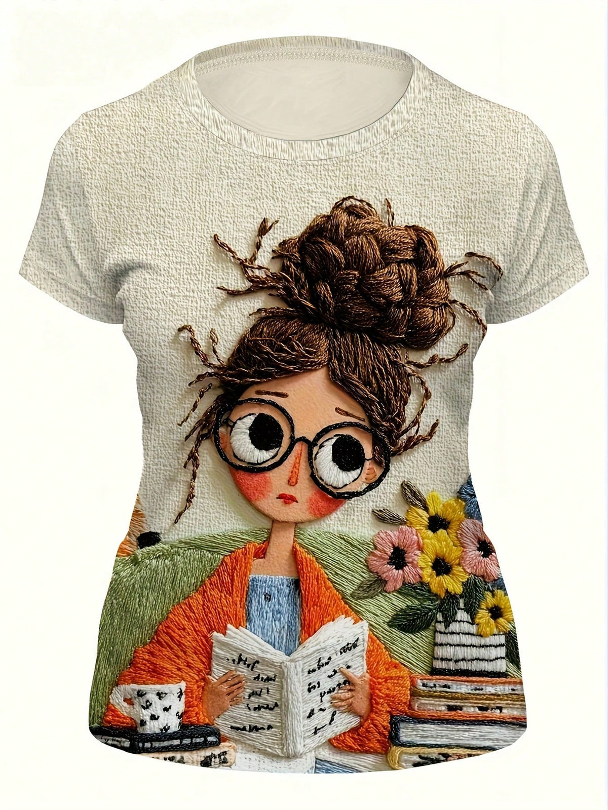 Cute Girl Reading Lover Graphic Tee, Women's Casual Round Neck Short Sleeve T-Shirt, Spring And Summer