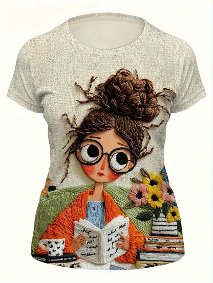 Cute Girl Reading Lover Graphic Tee, Women's Casual Round Neck Short Sleeve T-Shirt, Spring And Summer