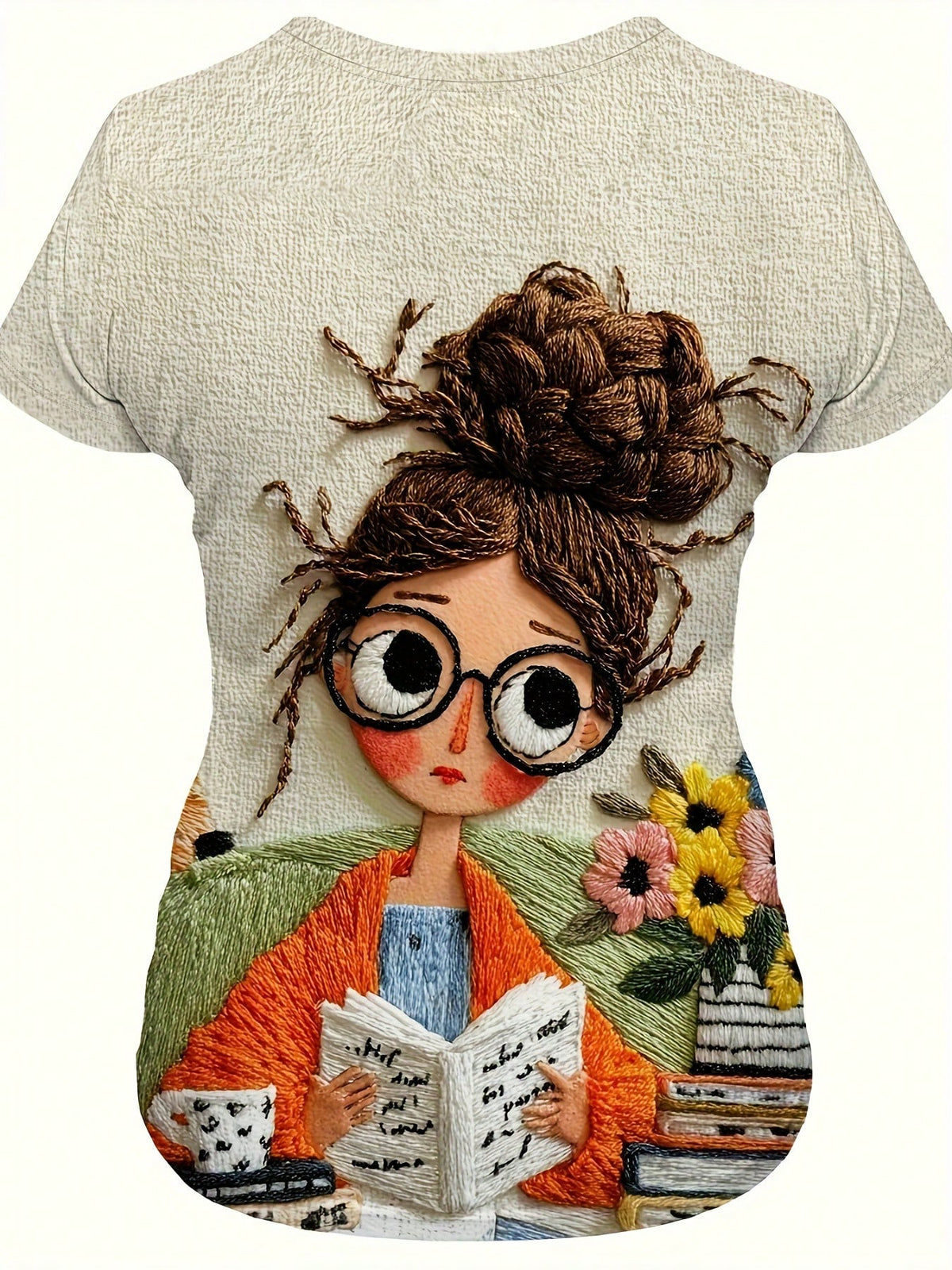 Cute Girl Reading Lover Graphic Tee, Women's Casual Round Neck Short Sleeve T-Shirt, Spring And Summer