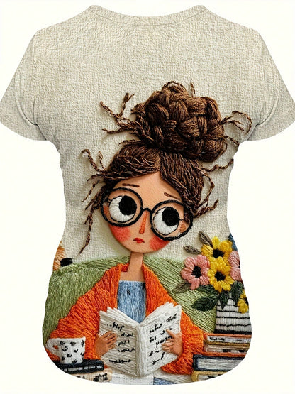 Cute Girl Reading Lover Graphic Tee, Women's Casual Round Neck Short Sleeve T-Shirt, Spring And Summer
