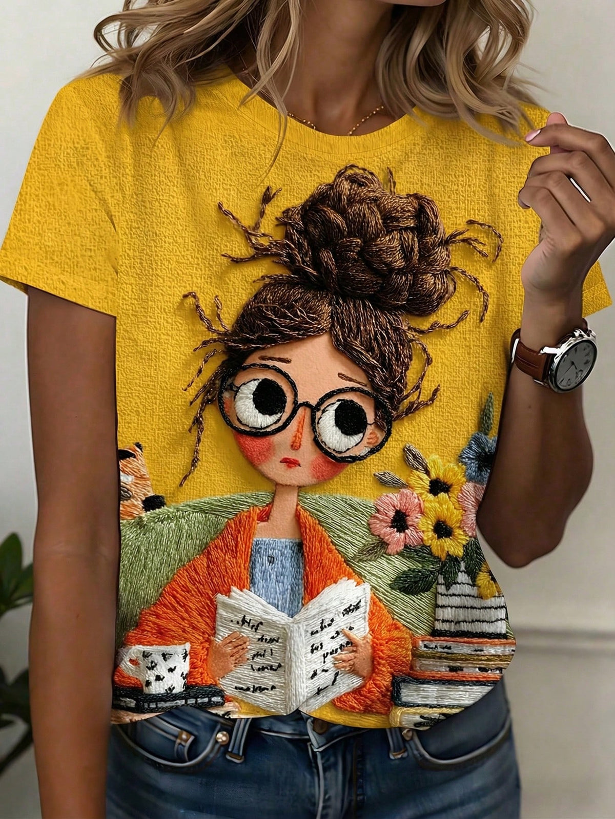 Cute Girl Reading Lover Graphic Tee, Women's Casual Round Neck Short Sleeve T-Shirt, Spring And Summer