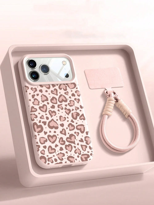 Cute Heart Leopard Print Soft Silicone Wristband Phone Case Compatible With IPhone 17Air 16 15 14 13 12 11 17 Pro Max Lovely Animal Pattern Protect Back Cover