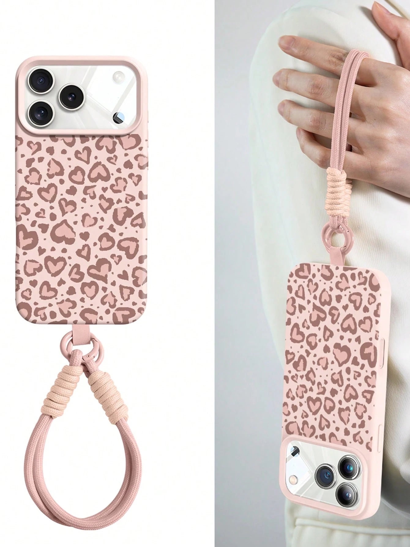 Cute Heart Leopard Print Soft Silicone Wristband Phone Case Compatible With IPhone 17Air 16 15 14 13 12 11 17 Pro Max Lovely Animal Pattern Protect Back Cover