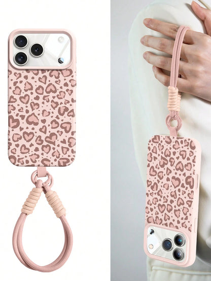 Cute Heart Leopard Print Soft Silicone Wristband Phone Case Compatible With IPhone 17Air 16 15 14 13 12 11 17 Pro Max Lovely Animal Pattern Protect Back Cover