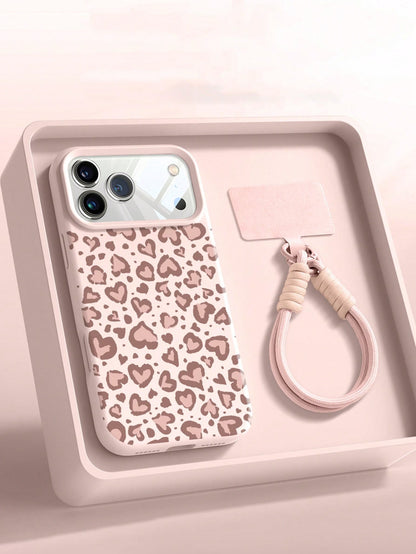 Cute Heart Leopard Print Soft Silicone Wristband Phone Case Compatible With IPhone 17Air 16 15 14 13 12 11 17 Pro Max Lovely Animal Pattern Protect Back Cover