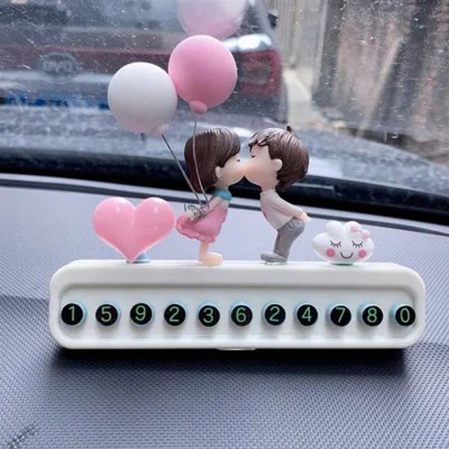 Cute Kiss Couple Car Temporary Parking Number Plate Auto Interior Ornament Hidden Phone Number Display