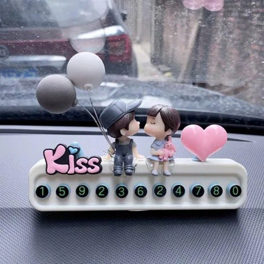 Cute Kiss Couple Car Temporary Parking Number Plate Auto Interior Ornament Hidden Phone Number Display
