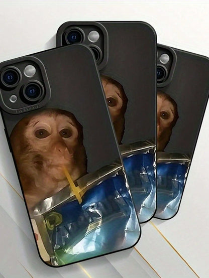 Cute Luxury Fashion Ugly Cute Funny Shockproof Monkey Drinking Juice Pouch Painted Phone Premium Case Compatible With IPhone 14 Pro Max, 13 Pro, 11 Pro, 12, XR, XS Cartoon Painted Shockproof Phone Cas