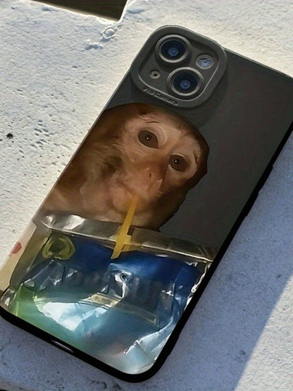 Cute Luxury Fashion Ugly Cute Funny Shockproof Monkey Drinking Juice Pouch Painted Phone Premium Case Compatible With IPhone 14 Pro Max, 13 Pro, 11 Pro, 12, XR, XS Cartoon Painted Shockproof Phone Cas