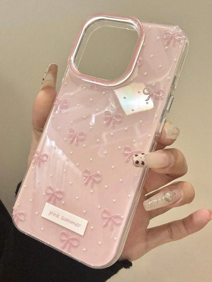 Cute Minimalist Pink Bowknot Fashion Phone Case With Polka Dot Compatible With IPhone 17 Pro Max, 17 Pro, 17 Air, 17, 16, 15, 14, 13, 12, 11 Pro Max Plus, Soft Protective Back Cover, Spring Gift