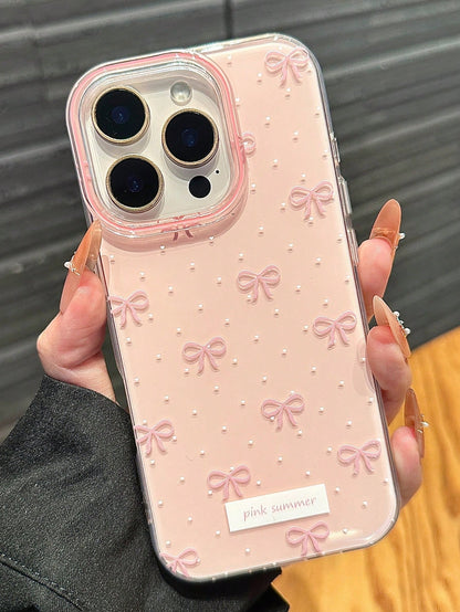 Cute Minimalist Pink Bowknot Fashion Phone Case With Polka Dot Compatible With IPhone 17 Pro Max, 17 Pro, 17 Air, 17, 16, 15, 14, 13, 12, 11 Pro Max Plus, Soft Protective Back Cover, Spring Gift