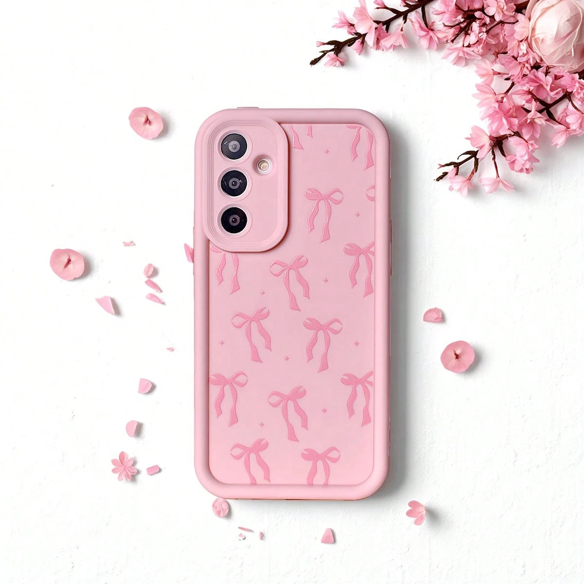 Cute Pink Bowknot Element Fashion Phone Case 1pc Cute Star & Bowknot Design Soft Phone Case, Powder Pink Shockproof Protective Cover For Compatible With OPPO/Compatible With VIVO/Compatible With Honor