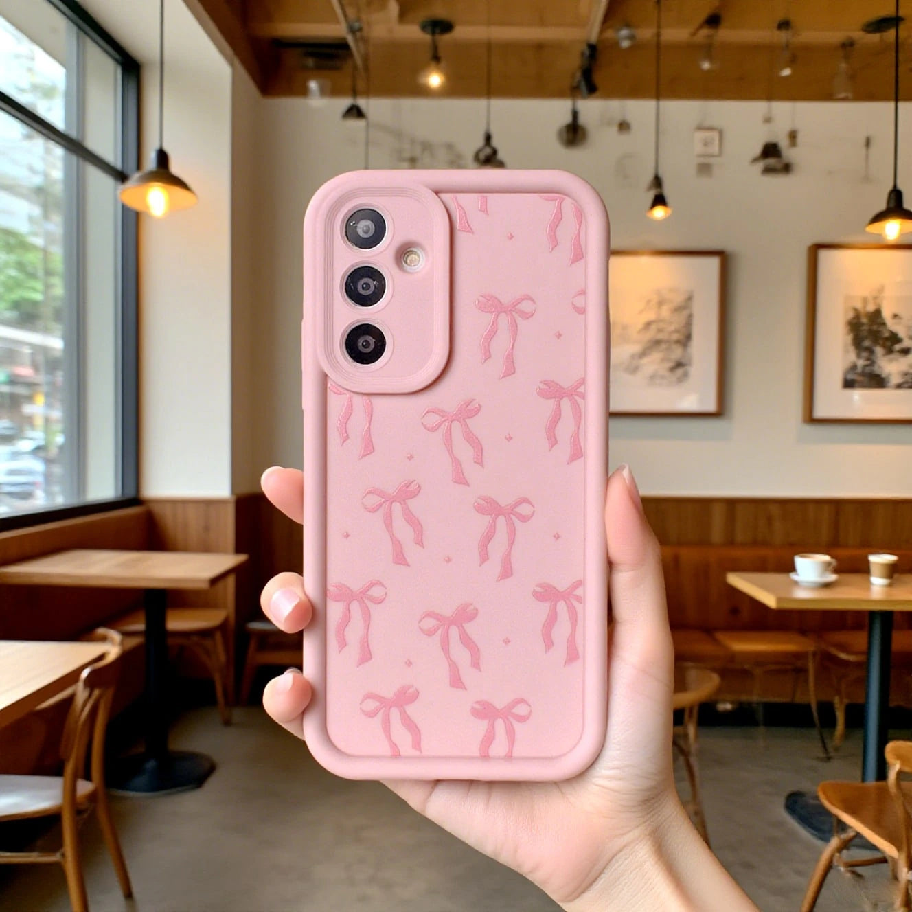 Cute Pink Bowknot Element Fashion Phone Case 1pc Cute Star & Bowknot Design Soft Phone Case, Powder Pink Shockproof Protective Cover For Compatible With OPPO/Compatible With VIVO/Compatible With Honor