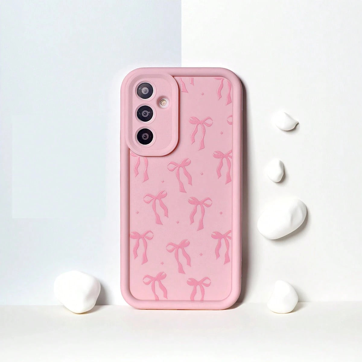 Cute Pink Bowknot Element Fashion Phone Case 1pc Cute Star & Bowknot Design Soft Phone Case, Powder Pink Shockproof Protective Cover For Compatible With OPPO/Compatible With VIVO/Compatible With Honor