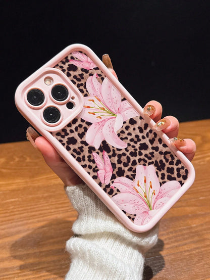 Cute Pink Flower Elements Fashion Phone Cases Lily Flower Butterfly Leopard Print Matte Anti-Drop Phone Case Compatible With IPhone 11, 12, 13, 14, 15, 16, 13 Pro Max, 16 Plus, XR, 7, 8 Plus, 17 Pro M